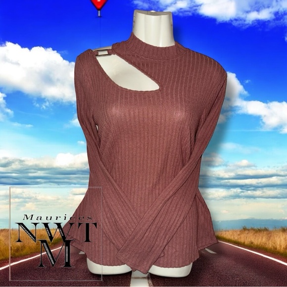 Maurices Sweater NWT Pink Brown Ribbed Mock Neck Shoulder Cut Out Long Sleeve M - Picture 7 of 16